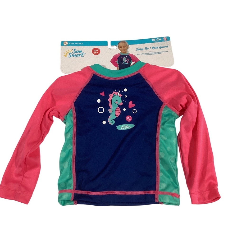 SunSmart Girls Rash Guard Swim Tee UPF 50 Seahorse Unicorn Pink Blue 18-24 Month